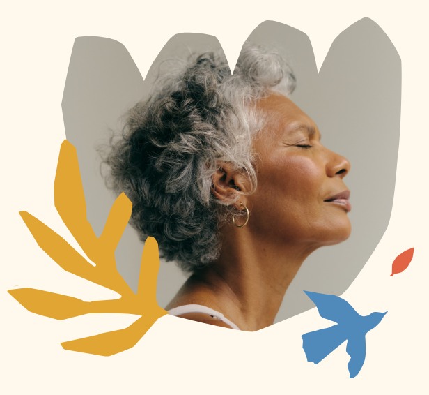 A resident enjoying a peaceful, restful moment, framed by leaf and bird illustrations